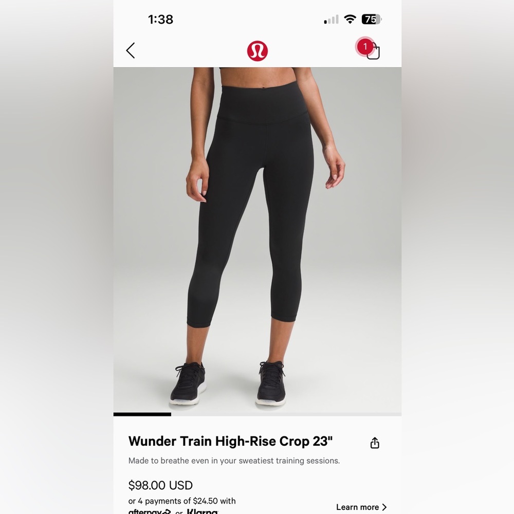 Lululemon wunder train black leggings 23” length
